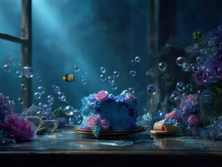 a beautifully decorated cake surrounded by shimmering bubbles in a magical underwater setting