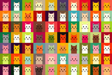 Colorful cartoon cat faces pattern with playful and cute animal icons in squares