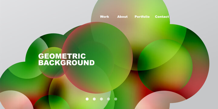 Abstract design features overlapping colorful circles. Text elements include geometric background, menu options, dots. Modern aesthetic.