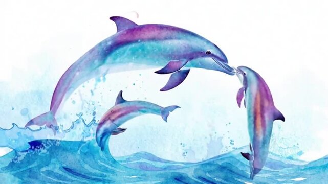 Watercolor Dolphins Leaping from Ocean Waves Seamless Animation Background