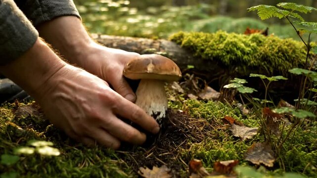 Picking a wild mushroom from the forest floor, gently extracting the edible boletus with care, nature's bounty