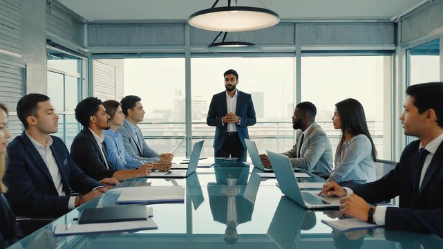 Executive Team Meeting: Diverse Business Leaders Collaborate in Modern Conference Room Setting.