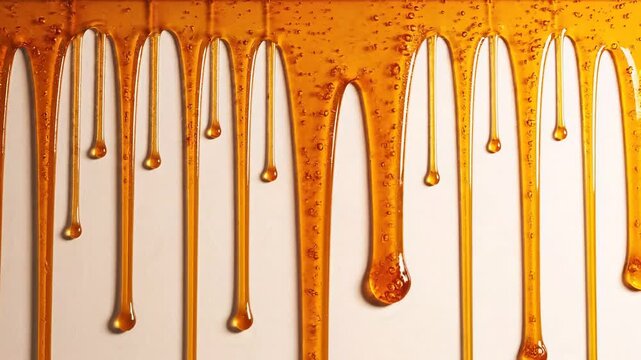 Golden-brown viscous syrup drips slowly down a light cream background, showcasing the rich, glossy texture and appetizing sweetness perfect for culina