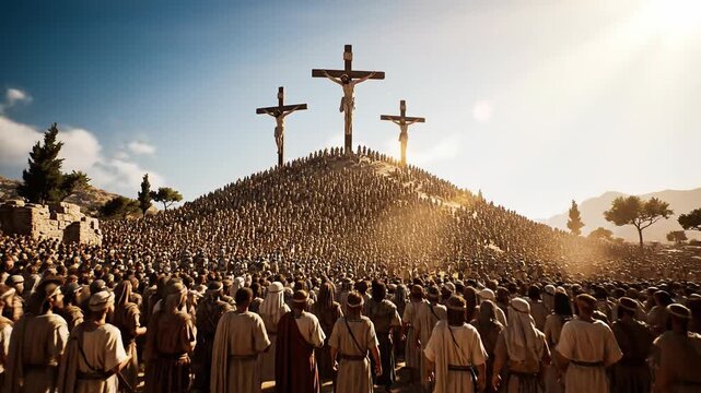 Massive crowd watches crucifixion on Golgotha hill, historical biblical scene
