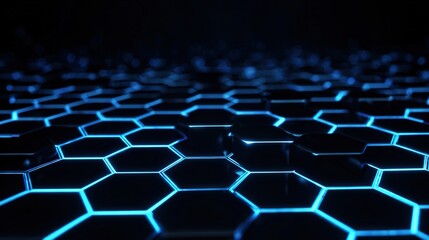 Obraz premium Futuristic Hexagonal Grid: An abstract composition showcasing a network of interconnected hexagonal cells bathed in an ethereal, vibrant blue light. The mesmerizing pattern hints at data, technology.