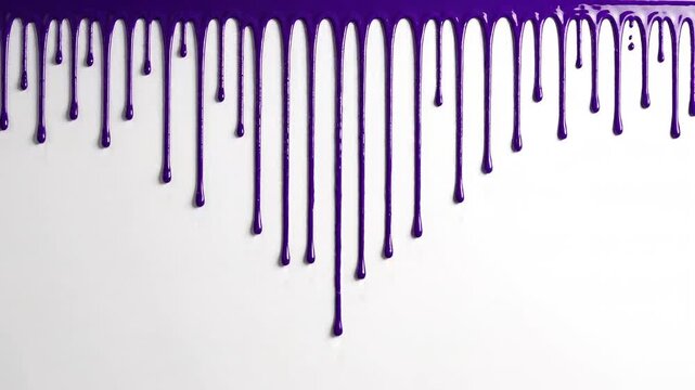 Glossy royal purple liquid drips slowly down across a pristine white background, creating a vibrant, clean decorative border for design projects.