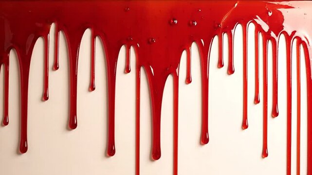 A dark red viscous liquid, resembling dripping blood or sweet cherry syrup, runs slowly down the white background creating a moody, textured border.