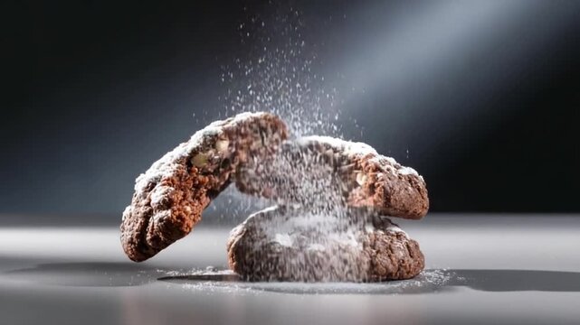 Artistic close-up of chocolate cookies with powdered sugar dust captured midair, textured cookie surface, moody background, elegant dessert photography style