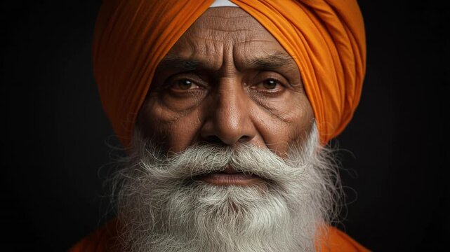Elderly Sikh Man in Orange Turban Opens Eyes Intense Portrait