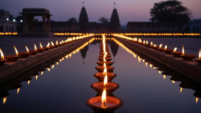 Symmetrical Arrangement of Lit Diyas Reflected in Water at Temple
