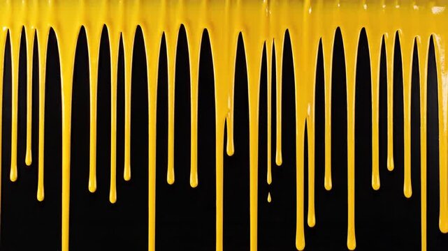 Viscous, bright yellow liquid drips slowly down the frame against a deep black background, creating a high-contrast abstract border graphic element fo