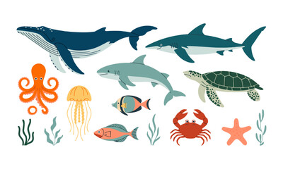 Cartoon style ocean animal collection flat isolated on white  vector illustration, easily editable. 