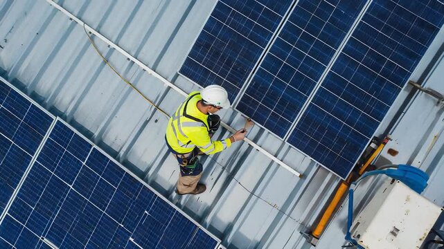 Rooftop Solar Panel Installation: Technician Installing Photovoltaic System on Commercial Building - Renewable Energy Focus.