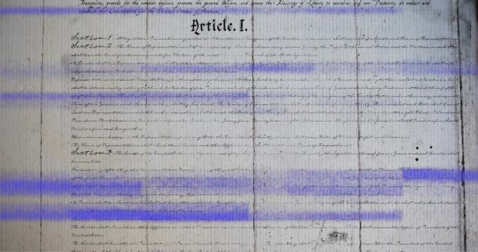 Animation of document with text over interference on white background