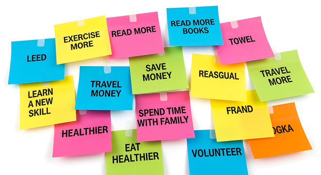 Colorful Sticky Notes with New Year's Resolutions and Goals