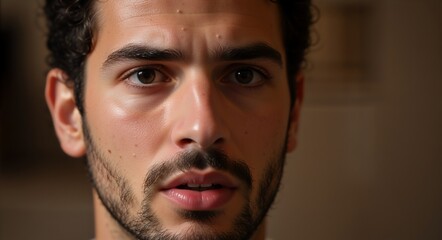 A close-up portrait captures a thoughtful face with a subtle expression