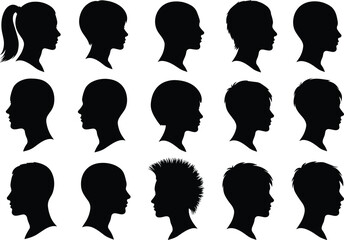 Silhouette icons of diverse human profiles showing different hairstyles and gender-neutral head shapes in side view, arranged in a grid. © Hello World