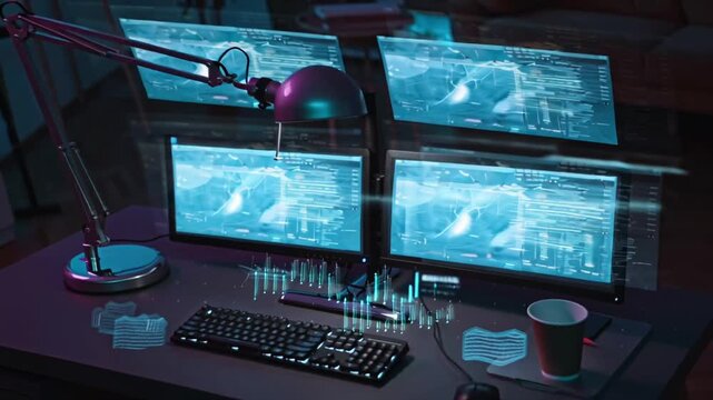 4K cinematic stock video, remote worker home desk in dark room, dual monitors glowing bioluminescent light, mechanical keyboard emitting pulsating glow, floating holographic data visuals desk, reflect