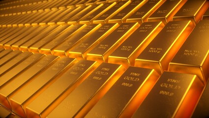Luxurious Collection of Shiny Gold Bars Stacked in Neat Rows, Reflecting Light and Creating Opulent Atmosphere with Engraved Weight and Purity Details, Symbolizing Wealth and Investment © blckpichstudio