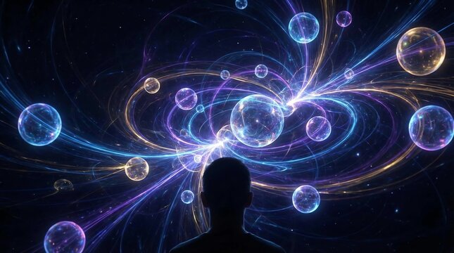 Abstract visualization of quantum bits qubits interacting in a vacuum, Generative AI illustrations.