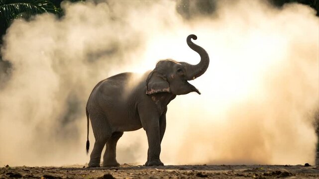 An Asian elephant stands, trunk raised, in a cloud of dust against a sunlit forest