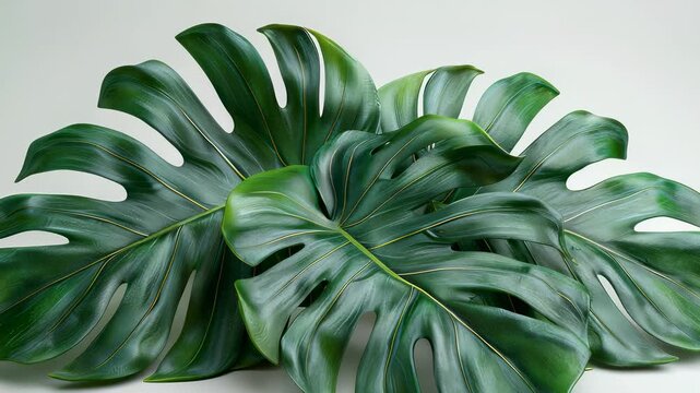 Lush Monstera Deliciosa Leaves Close-Up, Vibrant Green Tropical Foliage, Detailed Texture, Botanical Pattern, Natural Beauty.