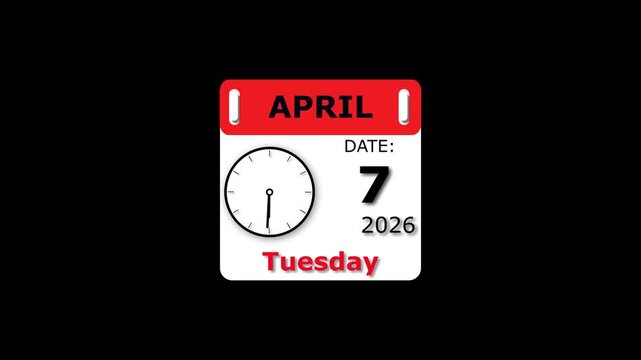 April 7 ,2026 calendar icon animation. Friday date with clock icon animation on black background.