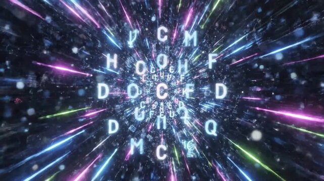 abstract futuristic data tunnel flowing light streaks blue purple orange converging toward center immersive depth motion digital code text floating energy language cilem glowing bokeh particles modern