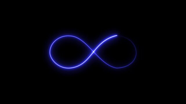 Modern abstract neon glowing infinity symbol seamless loop animation on a deep black background, dynamic vibrant digital graphic motion effect