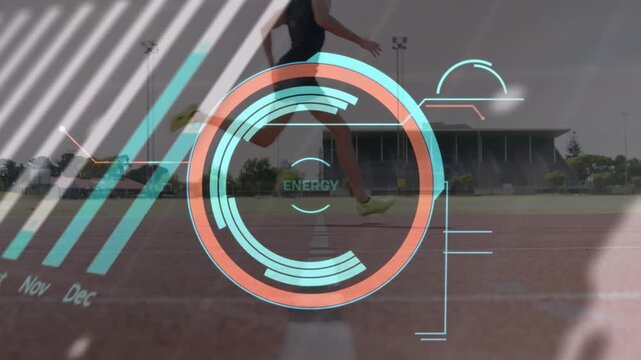 Animation of interface with data processing over mid section of male athlete running on sports field