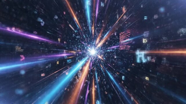 futuristic abstract data flow tunnel converging light beams blue purple orange floating colorful code words energy language cilem digital bokeh glow modern information visualization cinematic cyber st