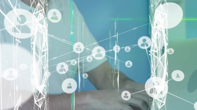 Animation of network of connections with icons over male caucasian architect