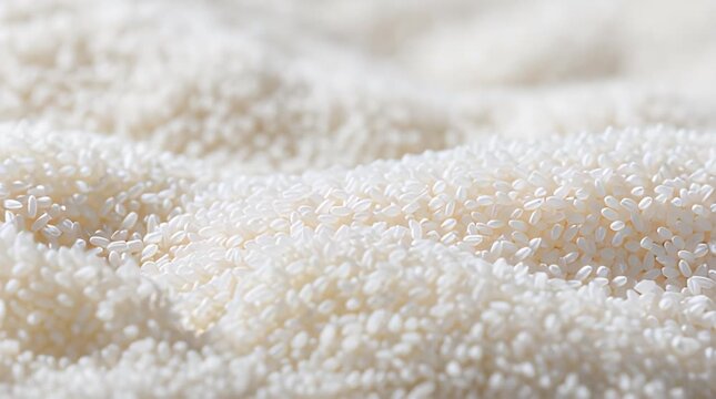 A close-up shot of a surface covered with many small, white, oval-shaped grains. Soft focus blurs the top and background