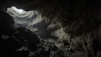 Fototapeta premium Inside a rocky cave with light streaming from an opening above, creating shadows