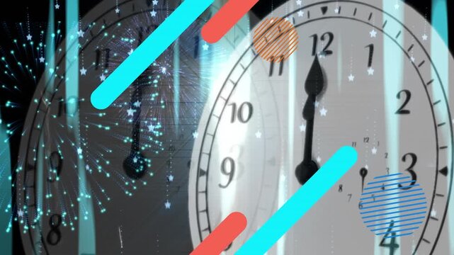 Animation of stars falling over clocks