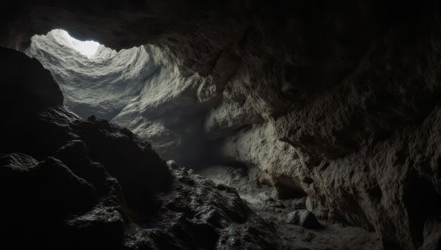 Inside a rocky cave with light streaming from an opening above, creating shadows
