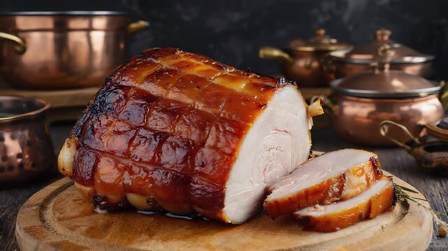 Roasted Pork Loin with Crispy Crust, Served on Wooden Board, Delicious Festive Dinner, Gourmet Food Photography