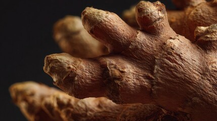 Close-up of a group of ginger root. the root is light brown in color and has a rough texture. the roots are arranged in a scattered manner, with some overlapping each other.