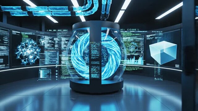 A futuristic server room with rows of computer servers and a glowing blue light installation in the center, showcasing technology and data storage in a modern data center