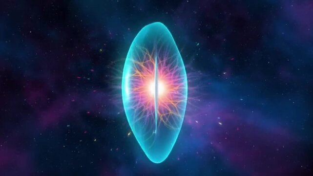 A glowing blue and pink celestial body explodes in space with vibrant colors and stars in the background, possibly used for educational or decorative purposes