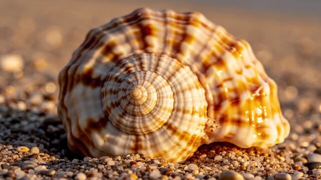 A large, brown and white seashell on a sandy beach with small rocks, with a blurry ocean background