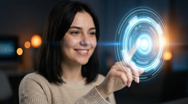 Smiling woman interacting with futuristic glowing digital interface, innovation and advanced technology concept