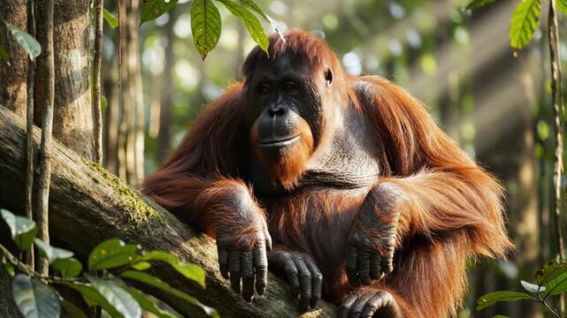 A large orangutan sits on a tree branch in a lush jungle, looking cautiously to the right, with greenery and sunlight in the background, possibly for educational or conservation use
