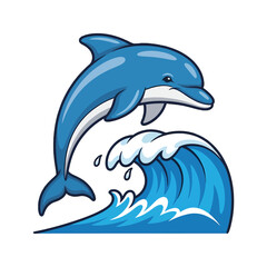 Obraz premium Illustration of a blue dolphin jumping out of a wave on a white background