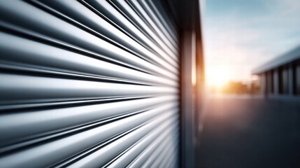 Obraz premium Close-up of a metallic roller shutter with a blurred background at sunset.