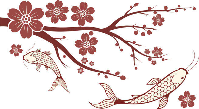 Serene koi fish swimming beneath blooming cherry blossom branch, symbolizing harmony and peace