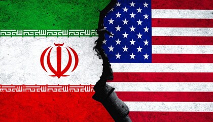 US and Iran flags split by jagged crack&mdash;symbolic of strained relations, division, and geopolitical discord.