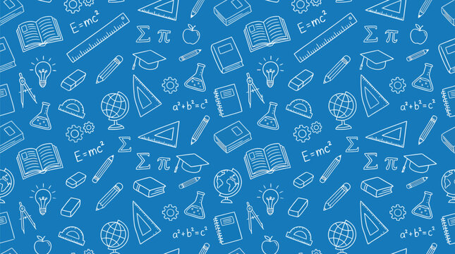 Seamless pattern of education and science doodles on blue background. Back to school vector illustration with school supplies, math formulas, and lab equipment icons.
