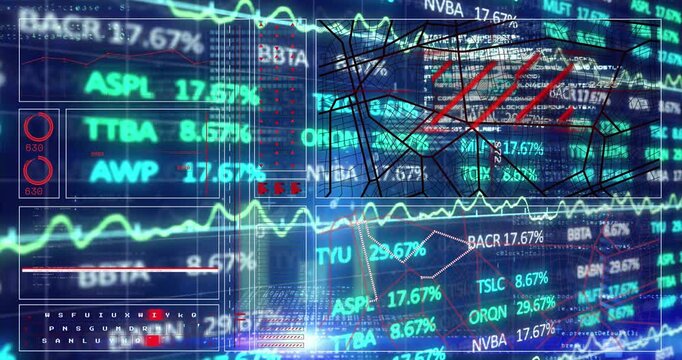 Animation of lines and navigation pattern, binary codes and graphs and trading board