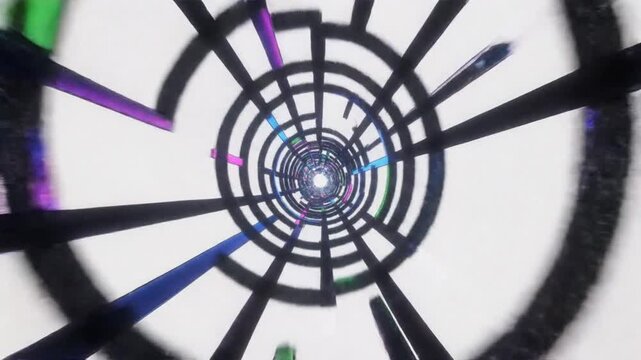 immersive neon comic tunnel perspective from inside glowing frame strips twisting forward intense artificial light vibrant futuristic colors white void background hyperspace visual style cinematic ful
